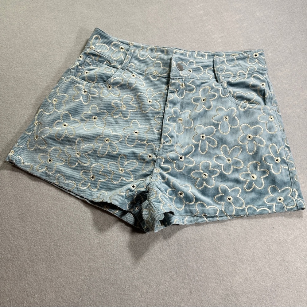 Baevely Womens M Floral Velvet Corduroy Shorts Blue NWT Zip Button‎